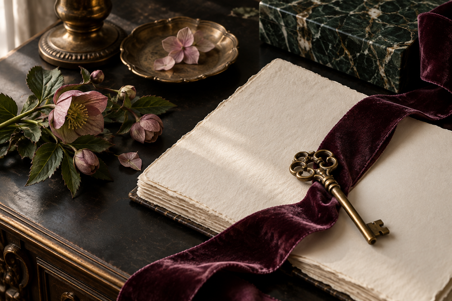 Antique key and guestbook pages on a dark tabletop
